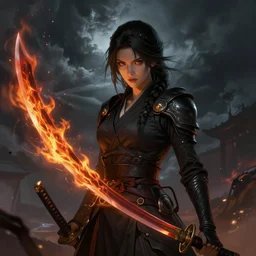 a detailed picture of a female ninja holding a flaming katana, ominous nighttime storm, fantasy, d & d, intricate, elegant, highly detailed, digital painting, artstation, concept art, matte, sharp focus, illustration, art by greg rutkowski and rembrandt