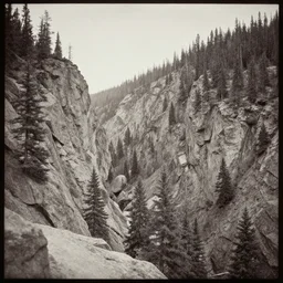 Overlook of a gorge with steep rocky slopes covered with sparse fir trees , albumen silver print by Timothy H. O'Sullivan.