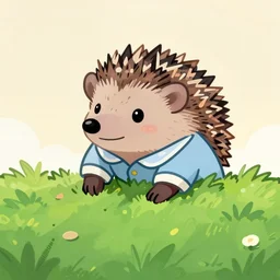 hedgehog in hedgehog pyjamas climbing over hedge, cartoon