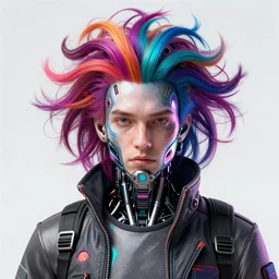 a man wearing netrunner clothing, extremely detailed face, cyberpunk, cybernetic, cyborg, vaporwave aesthetic, synthwave, flowing hair, colorful, psychedelic, intricate, elegant, highly detailed, digital painting,  artstation, concept art, smooth, sharp focus, illustration, art by artgerm and greg rutkowski and alphonse mucha