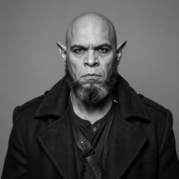 black and white mugshot photo of an orc