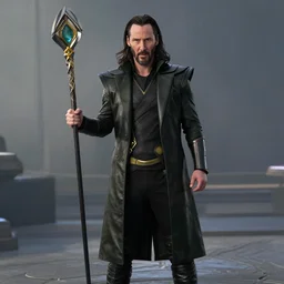 film still of Keanu Reeves as Loki in Avengers Endgame, standing with scepter