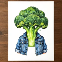 broccoli gnome wearing denim jacket ian mcque ink calligraphy art James Gilleard