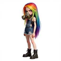 a grungy woman with rainbow hair, drunk, angry, soft eyes and narrow chin, dainty figure, long hair straight down, torn overalls, short shorts, combat boots, gasmask, basic white background, side boob, symmetrical, single person, style of by jordan grimmer and greg rutkowski, crisp lines and color,