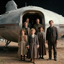 film still from a sci fi blockbuster movie made in 2022, set in 1860, of a family leaving a spaceship, that has just landed on an alien planet, wearing 1850s era clothes, good lighting, 4k, HD, in focus and clear faces, oscar winner, high quality photography