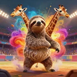 anthropomorphic sloth with the body of a giraffe with human characteristics in an arena, digital art, epic composition, fantasy, explosion of color, highly detailed, in the style of jake parker, in the style of conrad roset, swirly vibrant colors, sharp focus
