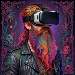 detailed hipster skinny man with! vr headset!, long vibrant beard, dmt, by james gurney + intricate and vibrant work + portrait + trending on artstation + incredible gothic illustration + exquisite detail