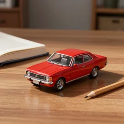 a small miniature of a red Chevrolet Opala near a book and a pencil on a wooden table, hyperrealistic, concept art, octane render, unreal engine 5, path tracing, complementary colours, high quality, highly detailed, 4K, symmetrical, low contrast, centered, house interior background