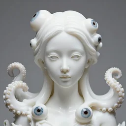 full head and shoulders, beautiful porcelain female person, smooth, delicate facial features, white detailed eyes, white lashes, 3 d white shiny thick, large octopus tentacles and eyeballs by daniel arsham and james jean