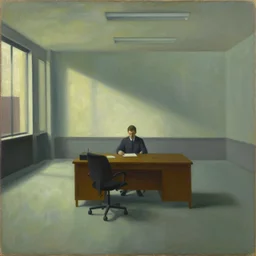 painting of a lone man, sitting at his desk in an empty, huge office, in the style of edward hopper