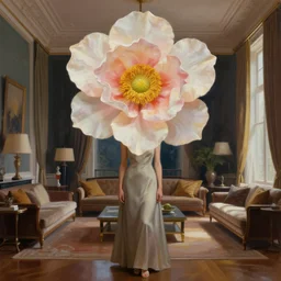 huge flower as head, woman standing in a luxury apartment, surreal photography, dramatic light, impressionist painting, digital painting, artstation, georgia o'keeffe