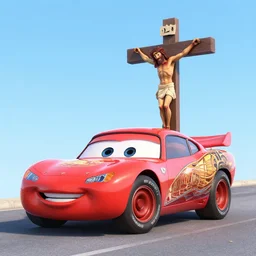 jesus christ on the cross as a car, christian art, as a car from the movie pixar's cars 2,