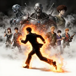 a man with a black suit running on fire. white ground. ultra detailed, high definition, by craig mullins, moebius, giger, ilya kuvshinov, hayao miyazaki, kentaro miura, thomas kinkade, greg rutkowski, gorgeous, beautiful, cinematic, dynamic volumetric lighting, white dust clouds, intense, dramatic