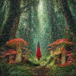 Mushroom forest, biopunk, lush, vegetation, tall trees, godrays, falling leaves, woman, red dress, red mushrooms, digital art, 8k, trending on artstation