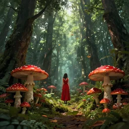 Mushroom forest, biopunk, lush, vegetation, tall trees, godrays, falling leaves, woman, red dress, red mushrooms, digital art, 8k, trending on artstation