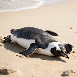 a penguin lying down on a warm beach, hyper realistic, relaxing, unreal engine