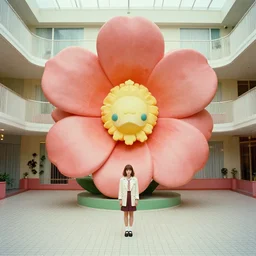 giant flower head, girl standing in 1 9 6 0 s hotel, surreal photography, symmetry, mid century, liminal space, detailed, wes anderson