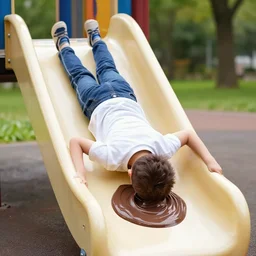 kid sliding down chocolate pudding head first, slip n slide, photo taken at the park