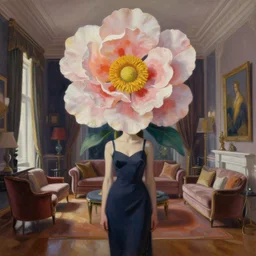huge flower as head, woman standing in a luxury apartment, surreal, dramatic light, impressionist painting, digital painting, artstation, georgia o'keeffe