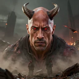 Dwayne the Rock Johnson as the devil, horns and red eyes, full body shot, visible face and eyes, post apocalyptic, high res render, octane cgsociety