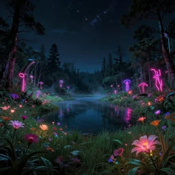 reclaimed by nature by pieter bruegel the elder, cosmic tron darkacademia lake thermal vision myst nature meadow neon signs at night alien flowers forest cyberpunk vaporwave nightvision nightsky infrared dramatic lighting magic realism, archdaily, wallpaper, highly detailed, trending on artstation.