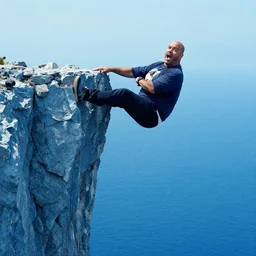 Steve harvey hanging off the edge of a blue cliff