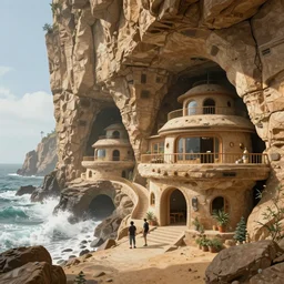 futuristic sci - fi sandstone cave houses, cliffs, raging sea, extremely detailed, sharp focus, wide view, full body shot, smooth, digital illustration, by rutkowski, james jean, by rossdraws, frank franzzeta, mcbess, sakimichan, brosmin, danton fadeev, steve simpson