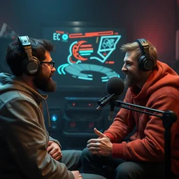 two friends talking on podcast in recording studio, style artstation, style greg rutkowsk, octane render, unreal engine 6, epic game graphics, fantasy, ciberpunk, conceptual art, ray tracing