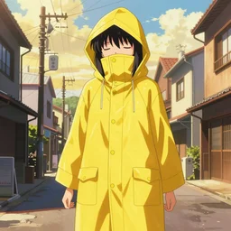 girl wearing massive yellow raincoat, face obscured by cowl, yellow raincoat, cel - shading, 2 0 0 1 anime, flcl, jet set radio future, golden hour, japanese town, concentrated buildings, japanese neighborhood, electrical wires, cel - shaded, strong shadows, vivid hues, y 2 k aesthetic