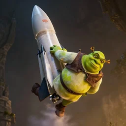 shrek attached to a spacex rocket, cinematic lighting, detailed, sharp focus