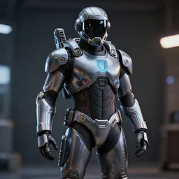 full body portrait photo of american exosuit with digital led indicators, thin neon lighting, portrait photo, intricate details, ultra realistic, unreal engine 5, depth of field, bokeh, octane render, 8 k hd