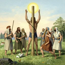 A vintage scientific illustration from the 1970s of a Swedish cult performing a human sacrifice to the gods during the midsummer festival in Sweden in the summer on the meadows by Zdzisław Beksiński