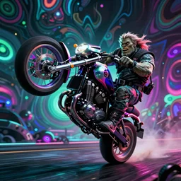 high quality cinematic action shot of an orc doing a wheelie on a motorcycle, psychedelic blacklight airbrush art