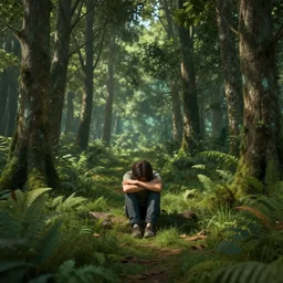 An introvert numbed in the forest, wide shot, HD, highly detailed, Blender Render, plants environment, wide angle, cinematic lighting, atmospheric, realistic, octane render, highly detailed, in the style of craig mullins