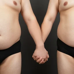 two chubby men with no shirts on holding hands