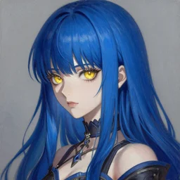 attractive long blue - haired girl with bangs gothic anime character with gold eye color, fantasy, screenshot, anime, sharp focus, intricate, illustration, cell shaded, oil painting, highly detailed, concept art, matte, art by ilya kuvshinov and kyoto animation and wlop, and greg rutkowski, studio quality, james jean, artem demura