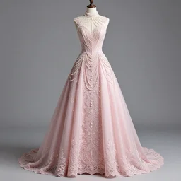 very detailed light pink, long gown, with pearls, and lace, high octaine, very detailed render, studio photography, studio lighting