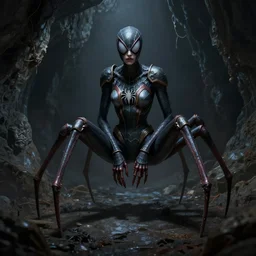 creepy matte painting of an armored woman with spider legs in a dark cave, ( ( spiderwoman ) ), human arms, ultra detailed, monster, human face, creature design, concept art, dnd, dndbeyond, d & d, 8 k, moody lighting, muted colors, blue tone light, dramatic lighting realistically proportioned body