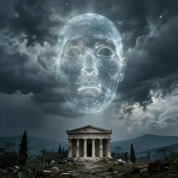 eerie, greek fantasy landscape, a giant translucent shining ghost face in the stormy clouds, stanley kubrick movie frame, hyperrealistic