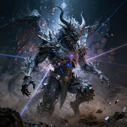 celestial demon, technology and magick, circuitry and sigils combined, photorealistic, royo, frazetta, leds, dust, laser light, crystalline shimmers, chaos, complexity, emergence,