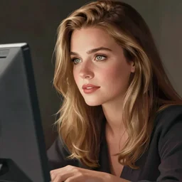 illustration of brittany murphy, sitting by computer, beautiful face, pretty face, detailed eyes, realistic proportions, deep focus, realistic face, ink, black and white, style of jim lee, clean lines, jim lee style