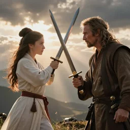 miranda otto / eowyn swinging a sword at liam neeson / qui - gon jinn