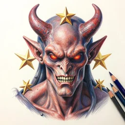 Intricate five star Space demon portrait by greg rutkowski, Colored pencil on paper, high detail, skin texture, photo realistic, hyperrealism,matte finish, high contrast, 3d depth, masterpiece, vivid and vibrant colors, Prismacolor Pencils,artstationhd