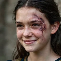 sixteen year old, pretty medieval girl with a large ugly birthmark covering half her face, unhappy expression, photography, award - winning, close up, shallow depth of field, highly detailed, dark hair, realistic