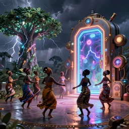 african women dancing around a glowing, energized, steampunk neon portal near the electric dragontree of life in a lightning storm, by greg rutkowski and justin bua. oil on canvas, afropunk!, afrofuturism, detailed and intricate environment, radiant lighting. highly detailed. masterpiece
