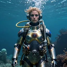 detailed ultrarealistic photography front medium shot of deepsea diving suit girl, avatar, fantasy, waterworld, postapocalyptic, cyberpunk cyborg, leyendecker, norman rockwell, greg rutkowski, artstation cinematic, vray game of thrones, lord of the rings, starwars