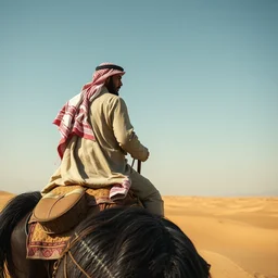 a desert concept art with an arab warrior wearing a white and red arab keffiyeh riding a black horse from left to right wide shot, cinematic, ultra real, 4 k, highly detail