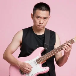 chinese rocker guy with short hair wearing a serious expression, wearing a black vest and playing a pink guitar, smoke in the background, full color digital illustration in the style of frank frazetta,, artgerm, artstation trending