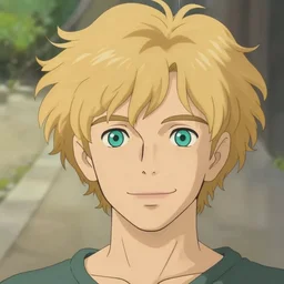 young man with medium - length, curly, golden hair, perfectly proportioned face, aquamarine eyes, thin eyebrows, sweet smile, natural lighting, path traced, highly detailed, high quality, cartoon, digital painting, by new haicheng and studio ghibli