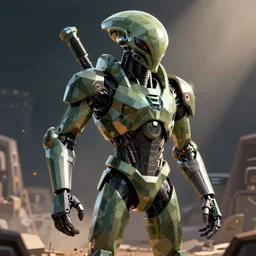 alien shock trooper concept art. low poly. dangerous, threatening. armed